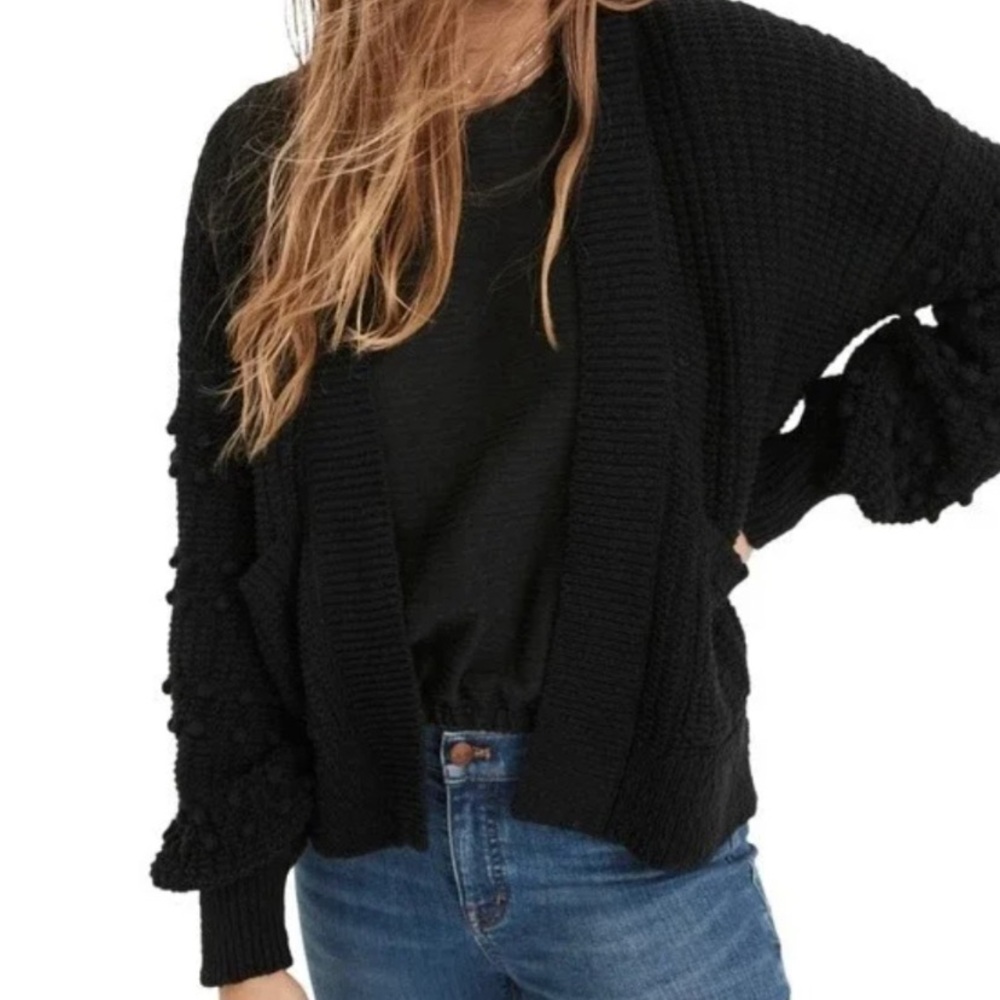 Madewell True Black Cotton Bobble Sleeve Cardigan Sweater